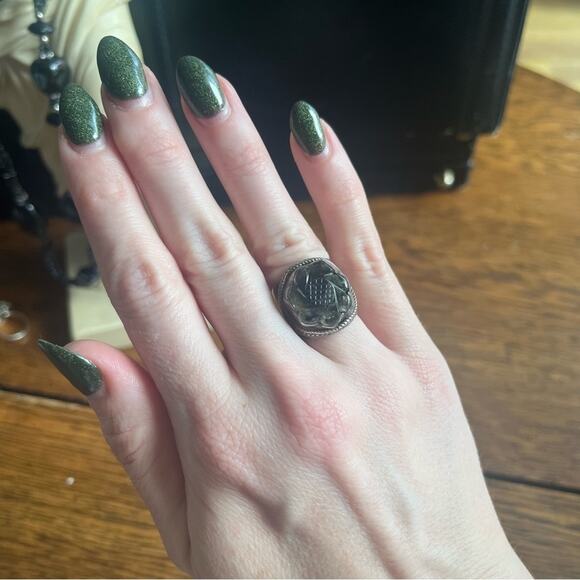 Vintage Carved Pale Green Flower Stone Wide Band Chunky 925 Sterling Silver Ring - Picture 13 of 14